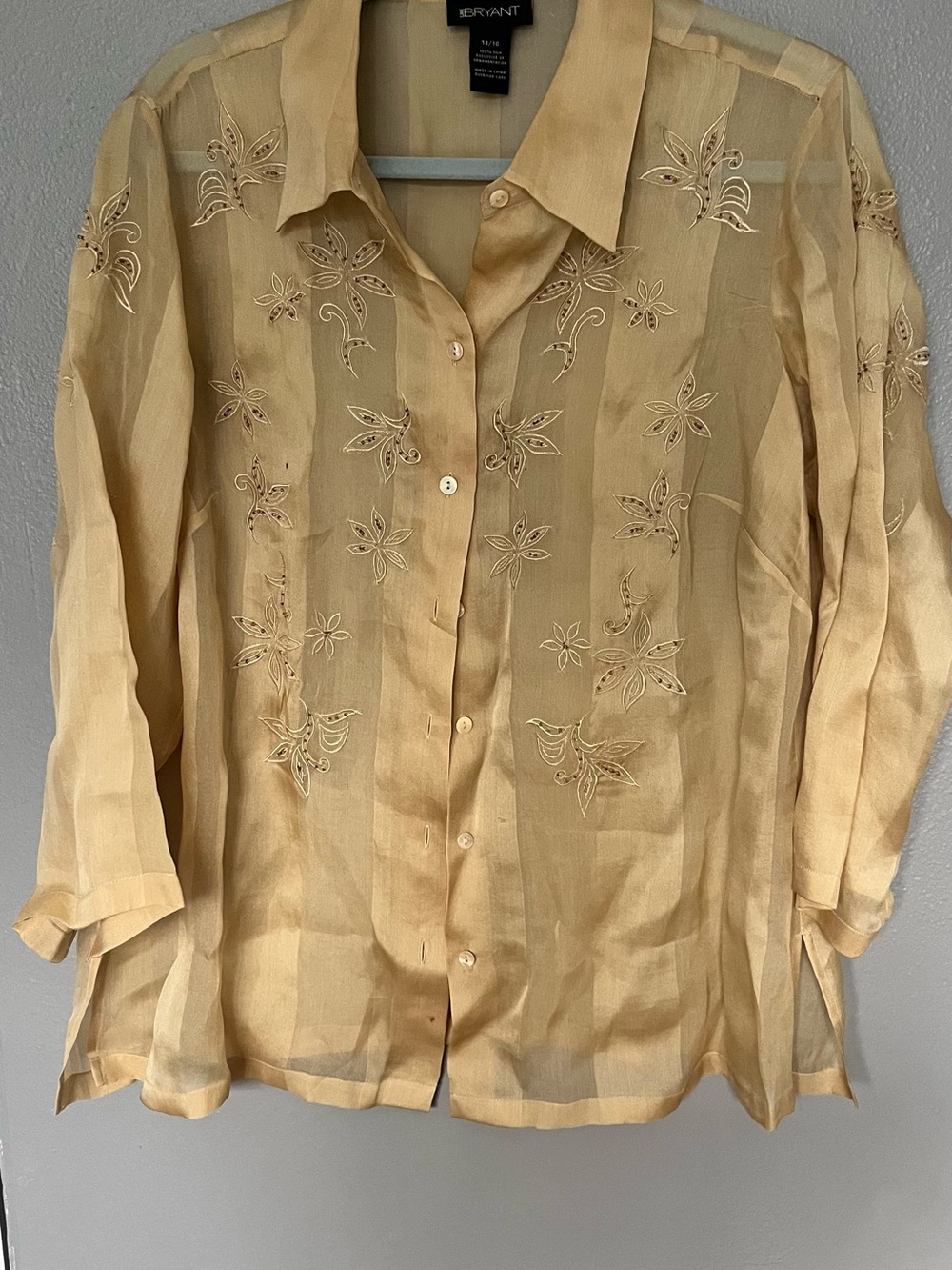 100% Silk Lane Bryant Pale Yellow Sheer Embroidered Button-Down Shirt